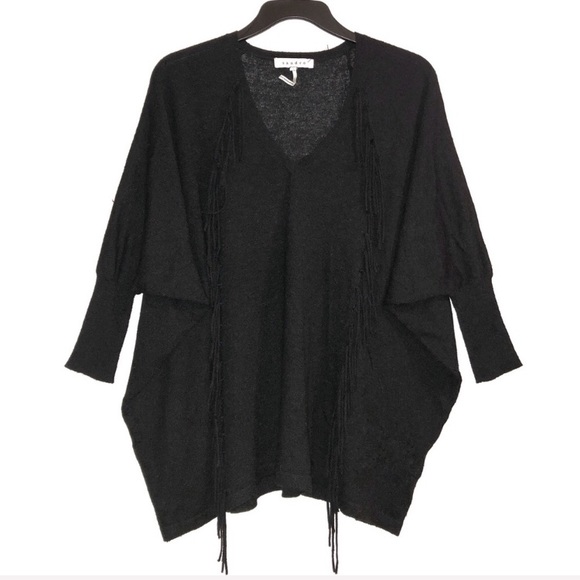 SANDRO S/M Alpaca Fringe Batwing Slouchy Black Sweater Knit EUC Sz 1 S/M - Picture 1 of 6